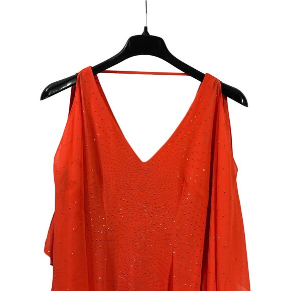 Bebe Orange Gold Rhinestone Embellished V-Neck Chiffon Mini Dress Flowy XS - Picture 2 of 8